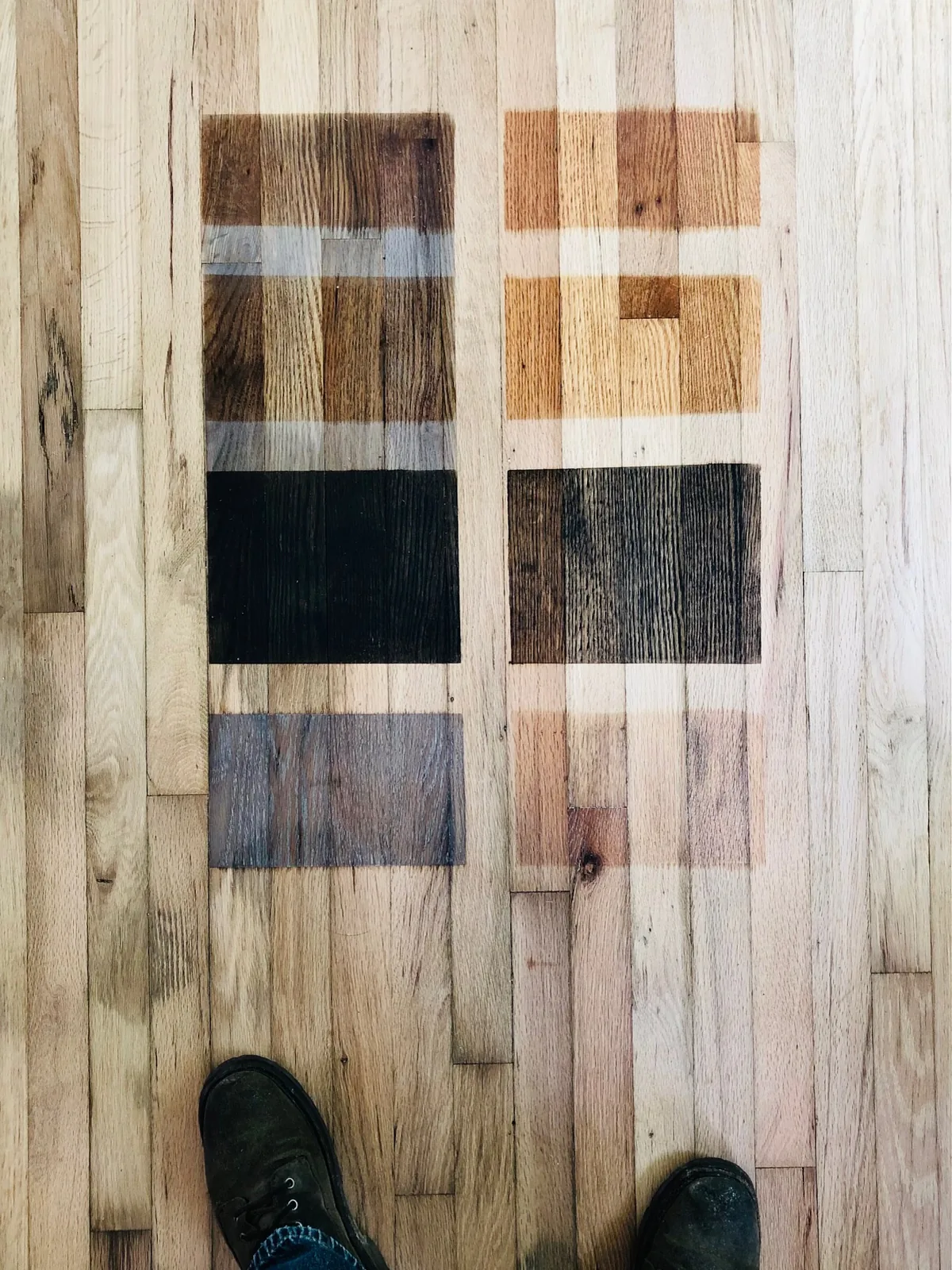 Grid of stain samples brushed onto a pale floor