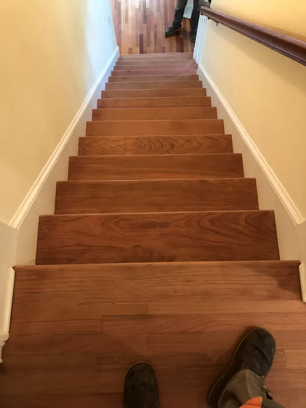 Refinished oak staircase seen from the top step