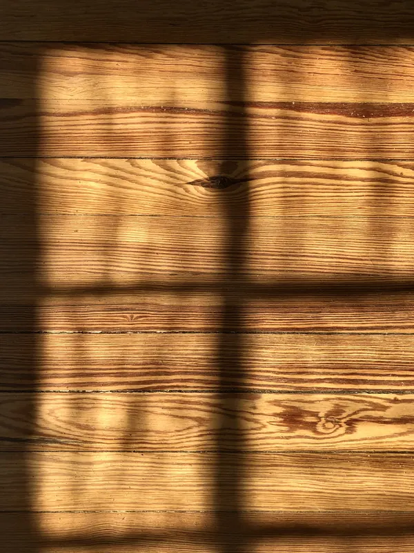 Bright window pane shadow thrown across glowing amber heart pine