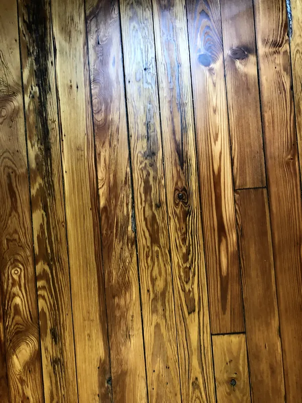 Rich orange-brown heart pine planks with dark knots