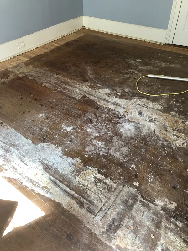 Badly stained and blistered floorboards in a stripped room