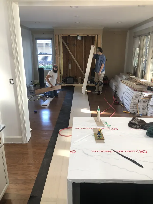 Jobsite with a worktable and floor part-laid